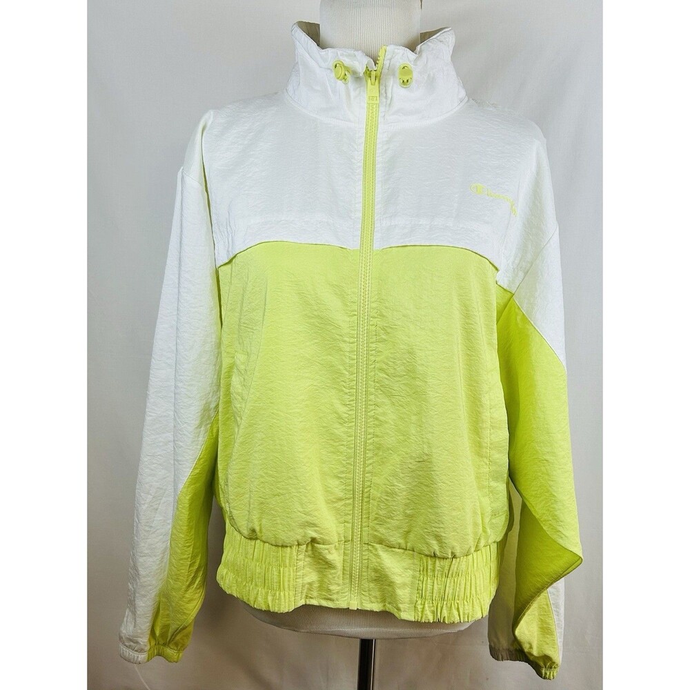 Champion Womens XL Woven Full Zip Jacket Windbreaker White Lime Neon